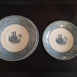 Set of 8 Vintage American Riverboat Blue Transferware Saucers/Small Plates